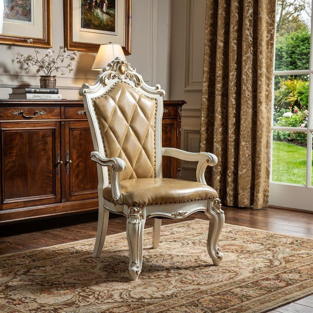 Set of Two 27" Brown and White Faux Leather Tufted Side Chair