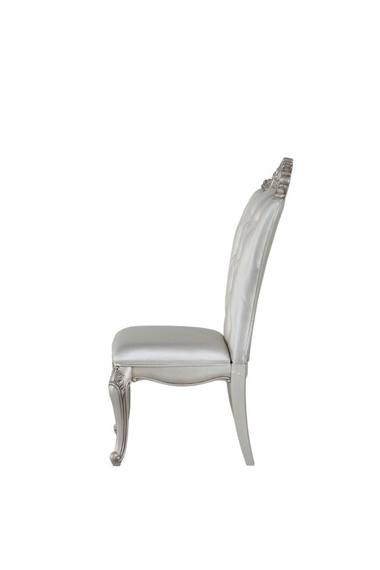 Set of Two Cream and Antiqued White Upholstered Fabric Queen Anne Back Dining Side Chairs