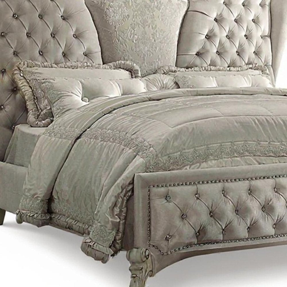 Ivory and White Solid Wood And Tufted Velvet Bed Frame With Nailhead Trim