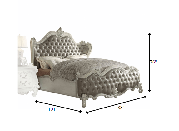 76" X 95" X 73" Vintage Gray Pu Bone White Wood Poly Resin Upholstery Queen Bed