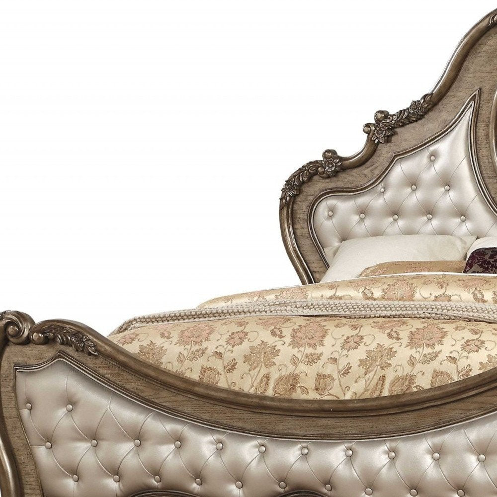 Oak and Bronze Solid Wood Tufted Upholstered Faux Leather Bed Frame