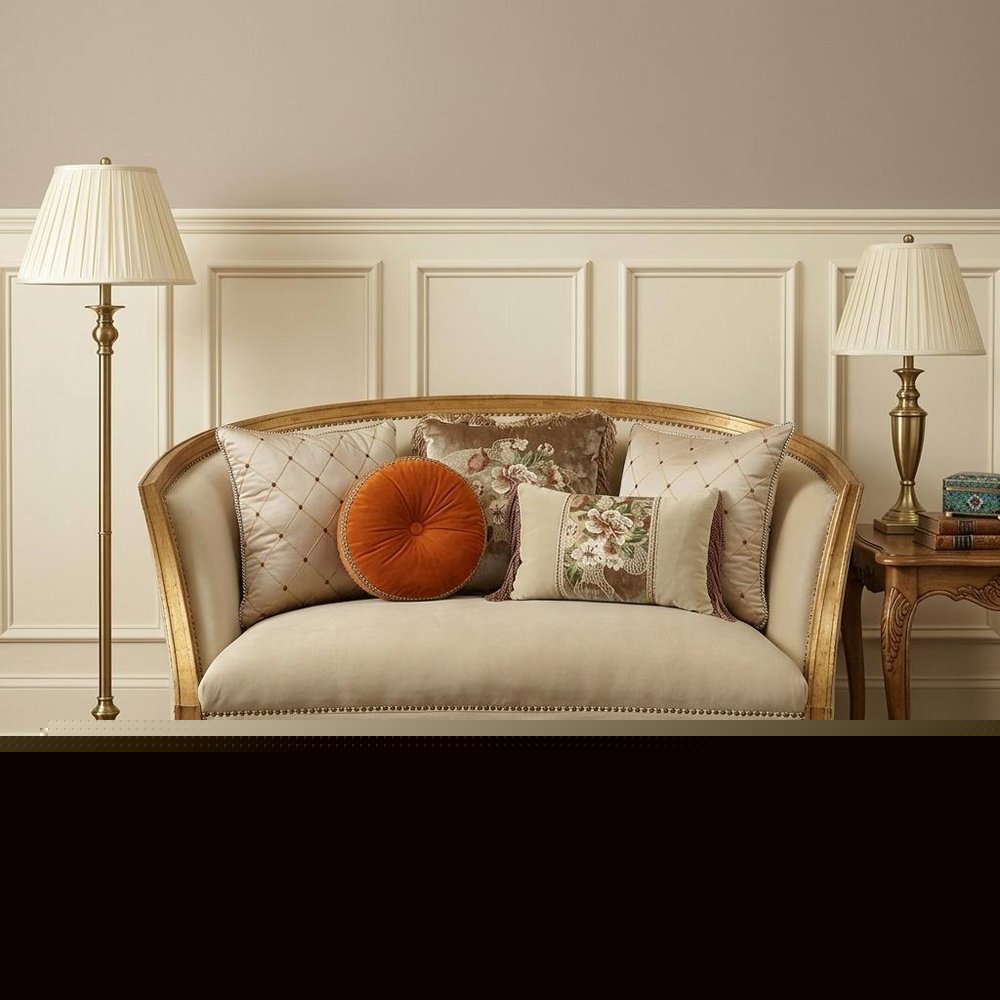 70" Tan And Gold Curved Loveseat and Toss Pillows
