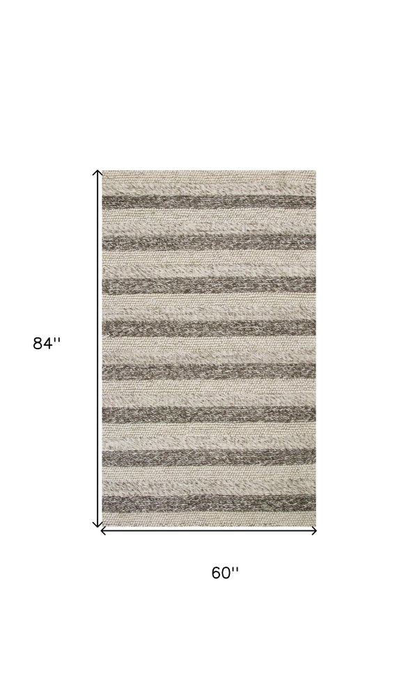 5' X 7' Brown Gray And Ivory New Zealand Lambs Wool Striped Hand Woven Area Rug