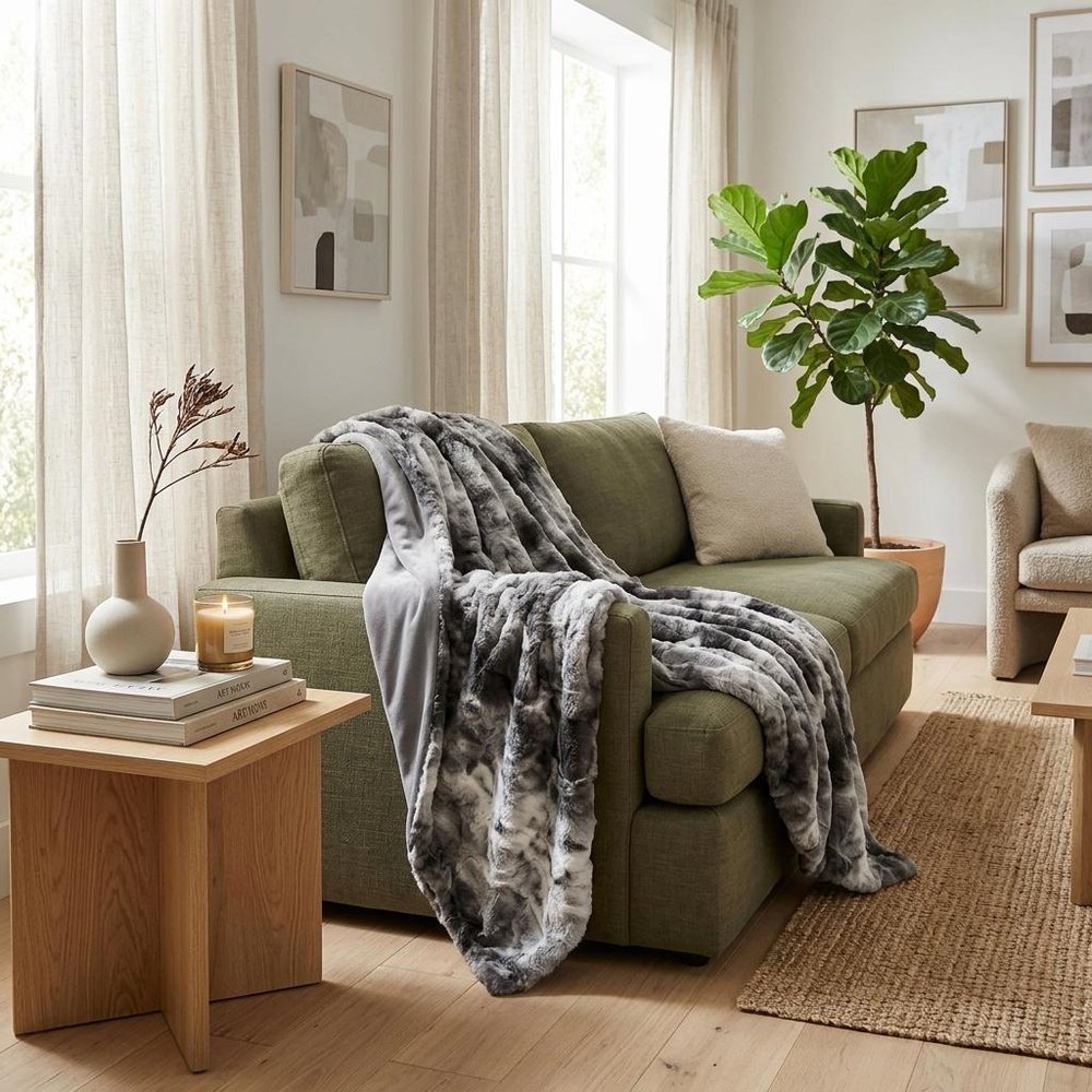 50" X 70" Dark Gray and Ivory Faux Fur Plush Throw Blanket