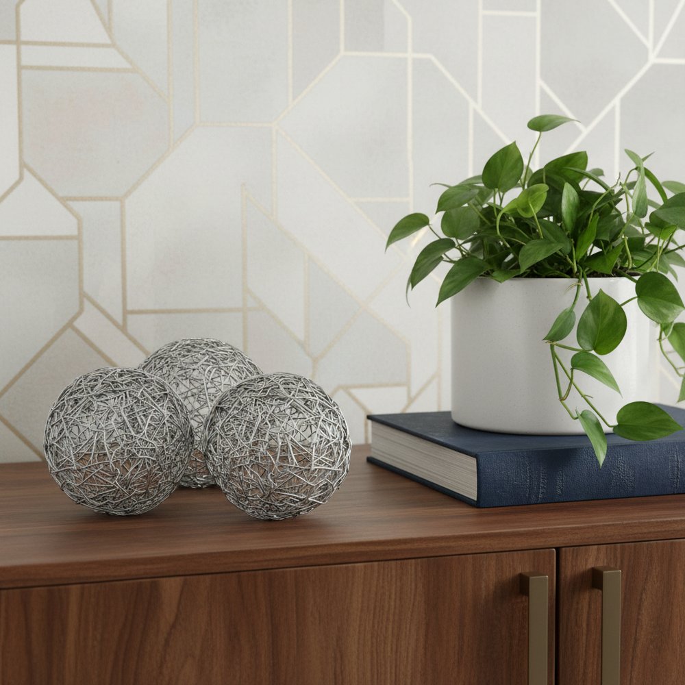 Set of Three Silver Wire 3" Decorative Orbs