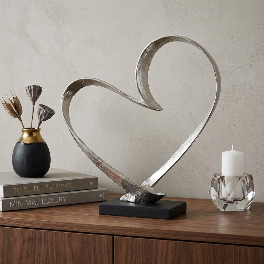 16" Raw Silver And Black Heart Sculpture