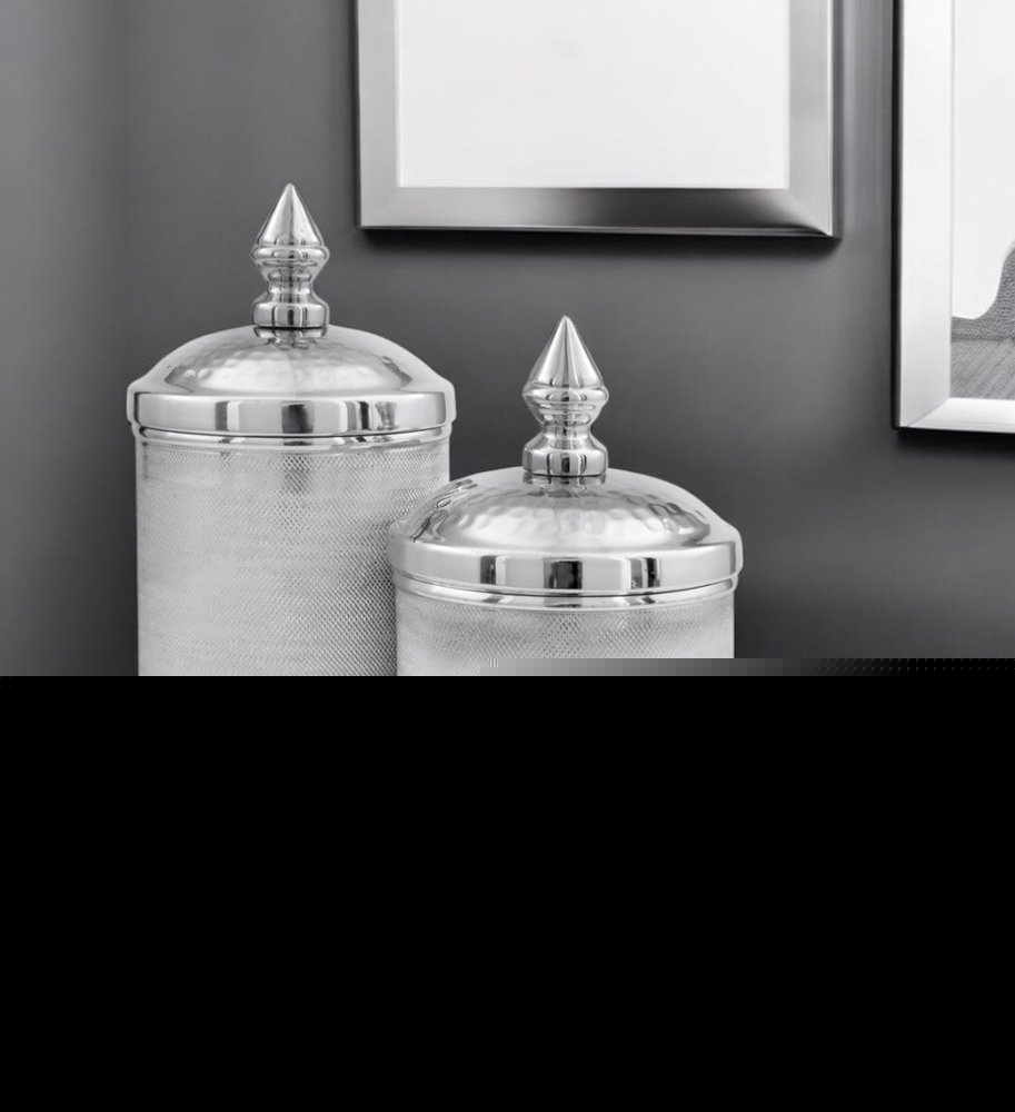 Set of Two Silver Aluminum Tweed Decorative Canisters