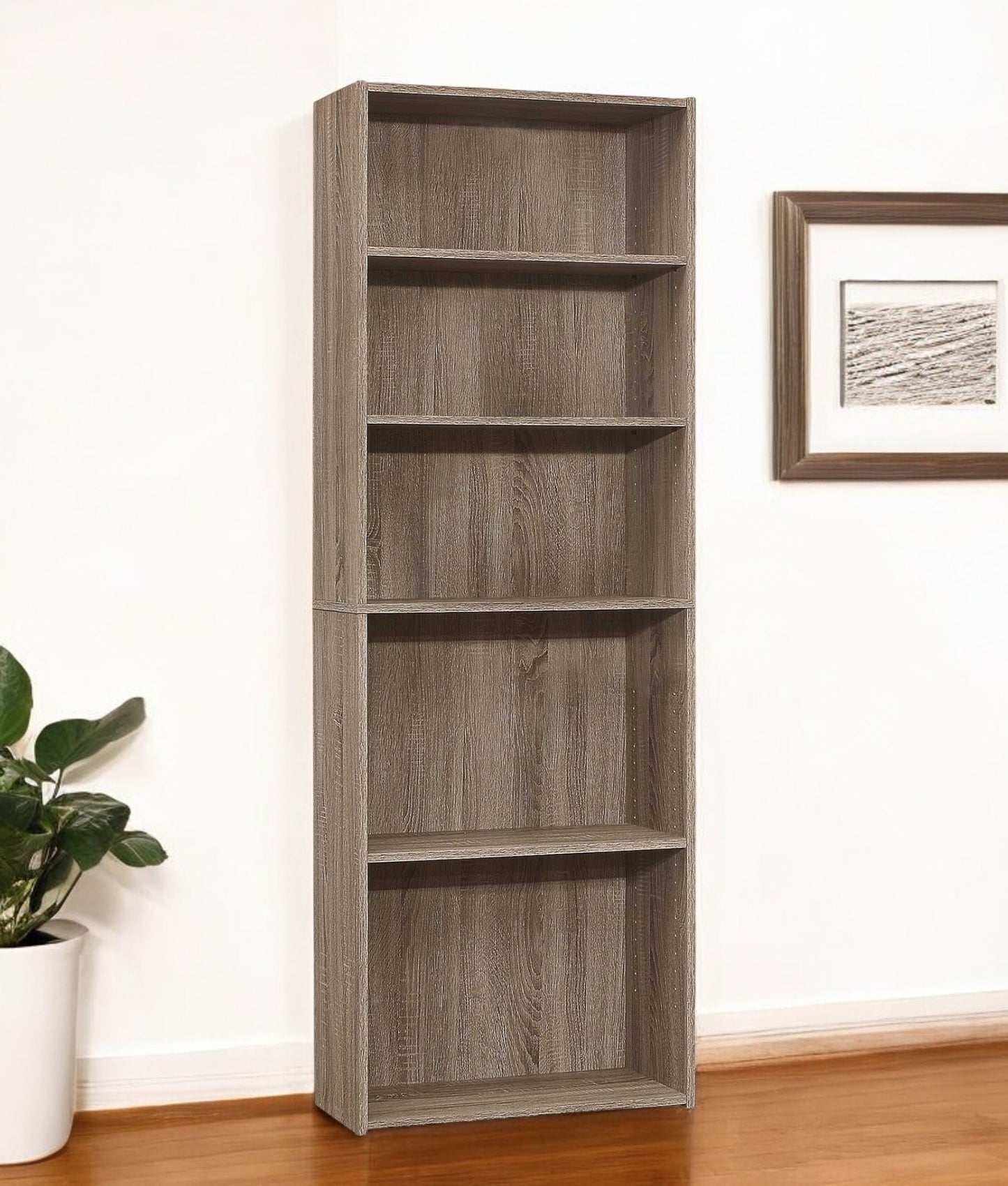 71" Taupe Distressed Wood Adjustable Five Tier Bookcase
