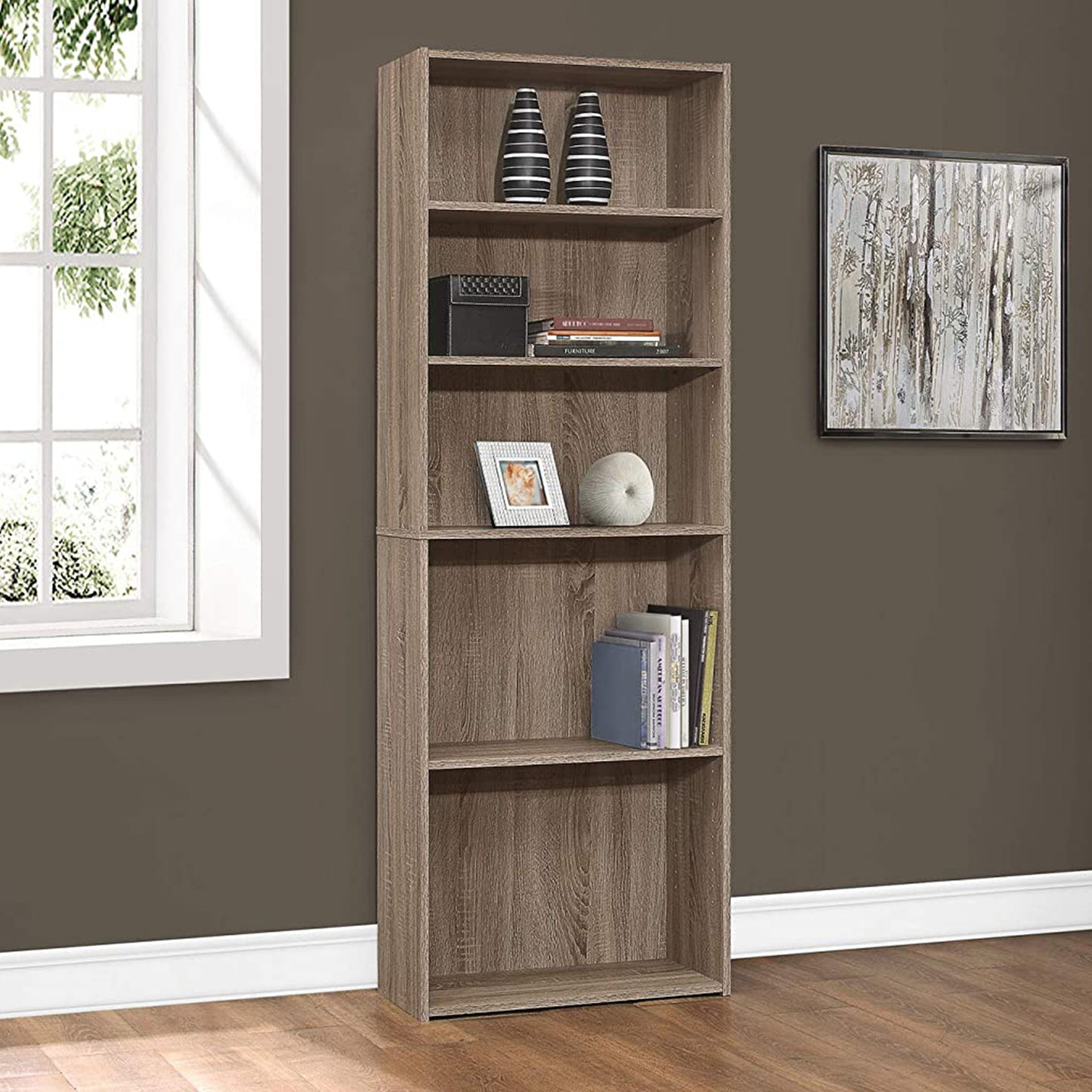 71" Taupe Distressed Wood Adjustable Five Tier Bookcase