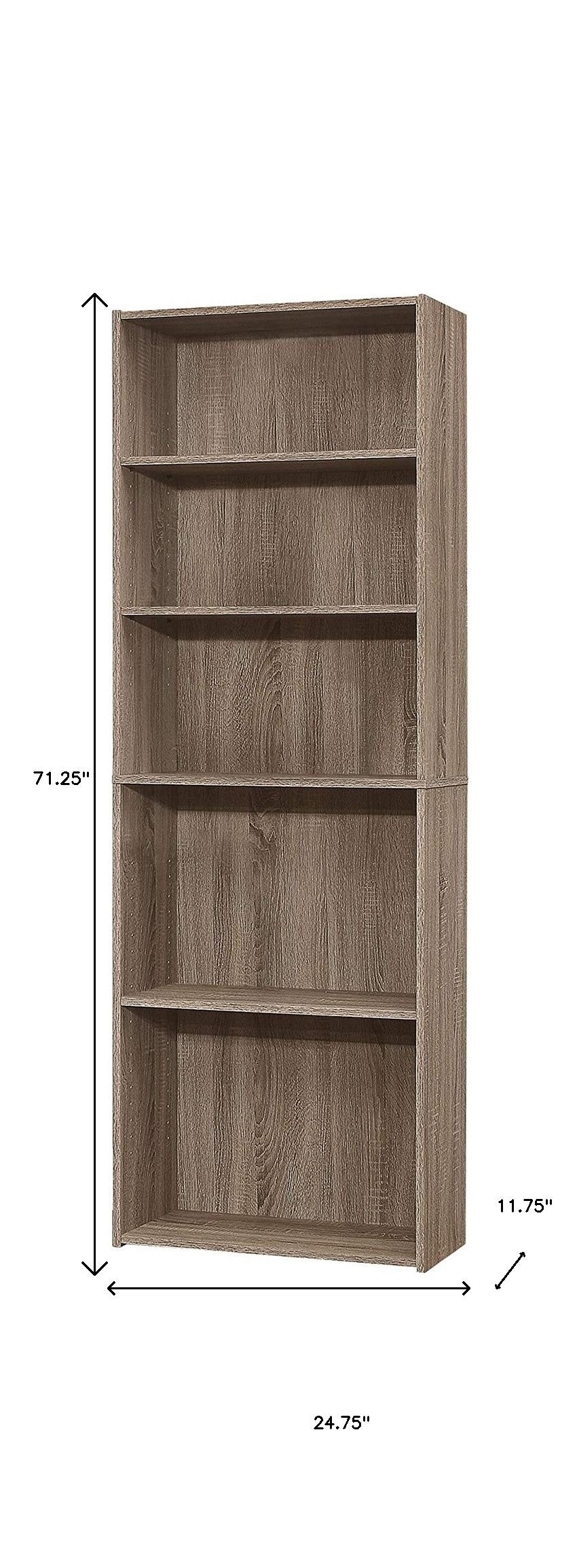71" Taupe Distressed Wood Adjustable Five Tier Bookcase