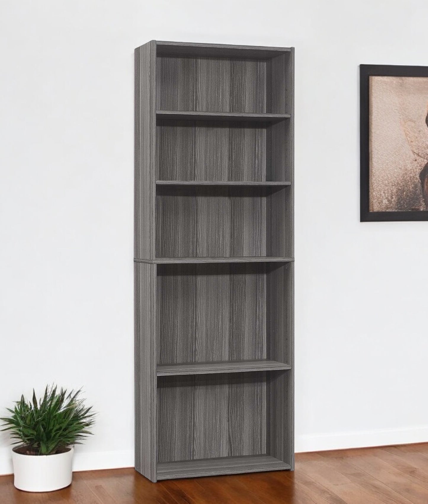 71" Gray Wood Adjustable Five Tier Bookcase
