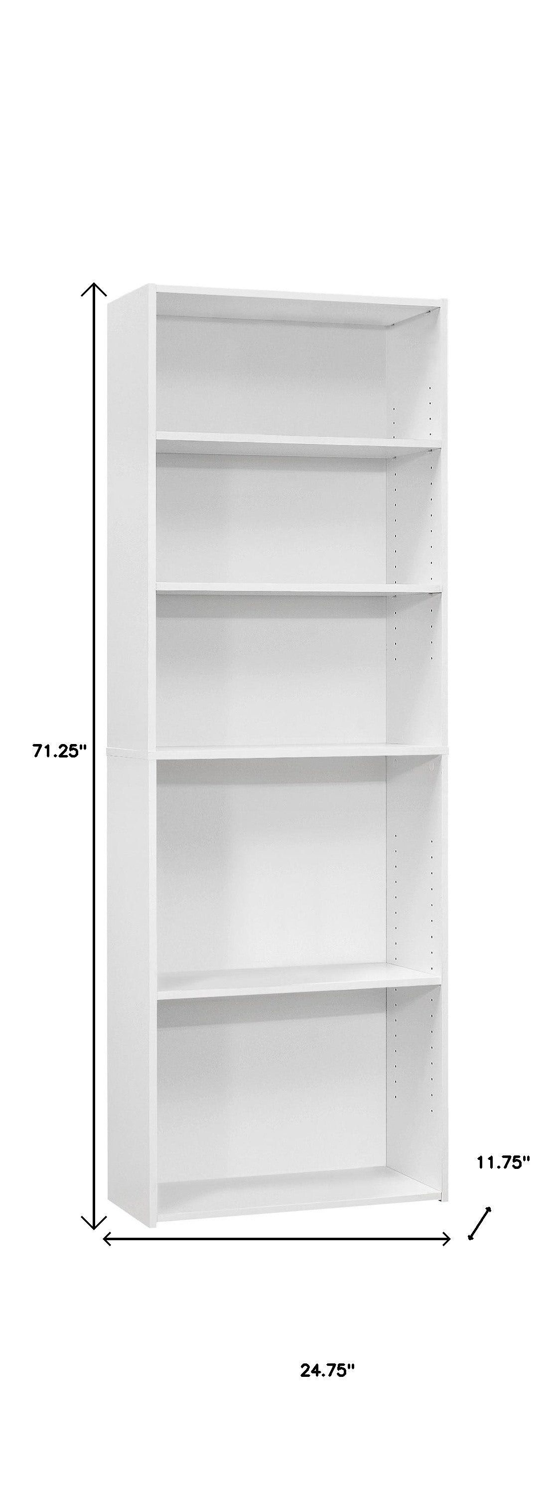 71" White Wood Adjustable Five Tier Bookcase