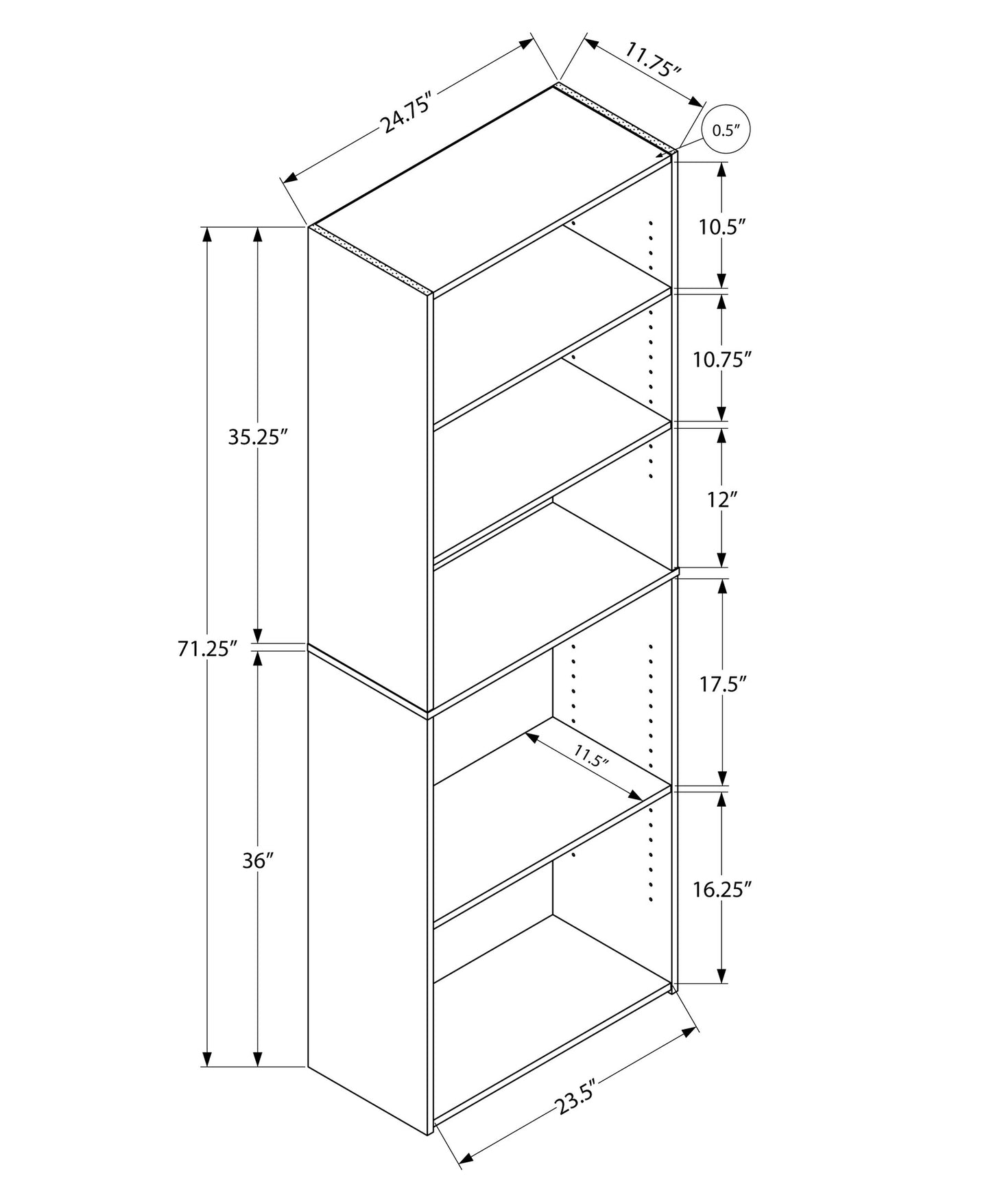 71" White Wood Adjustable Five Tier Bookcase