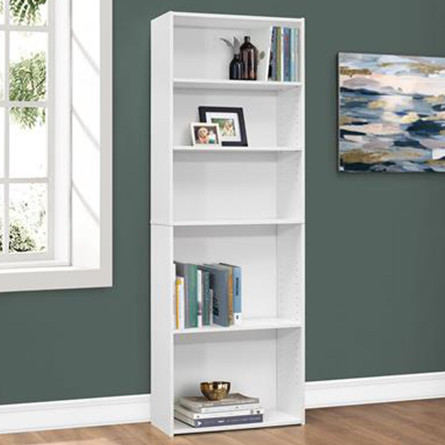 71" White Wood Adjustable Five Tier Bookcase