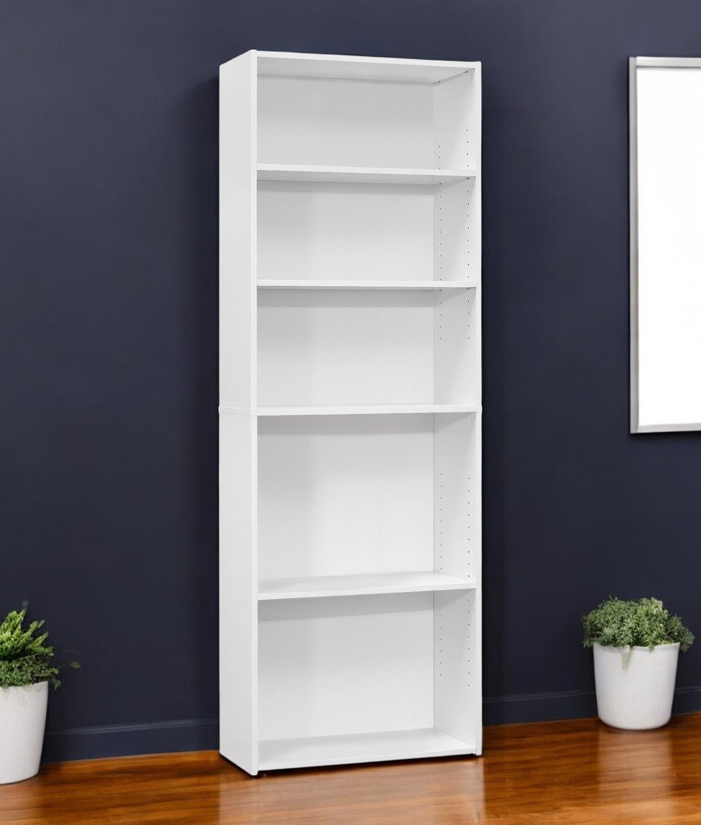 71" White Wood Adjustable Five Tier Bookcase