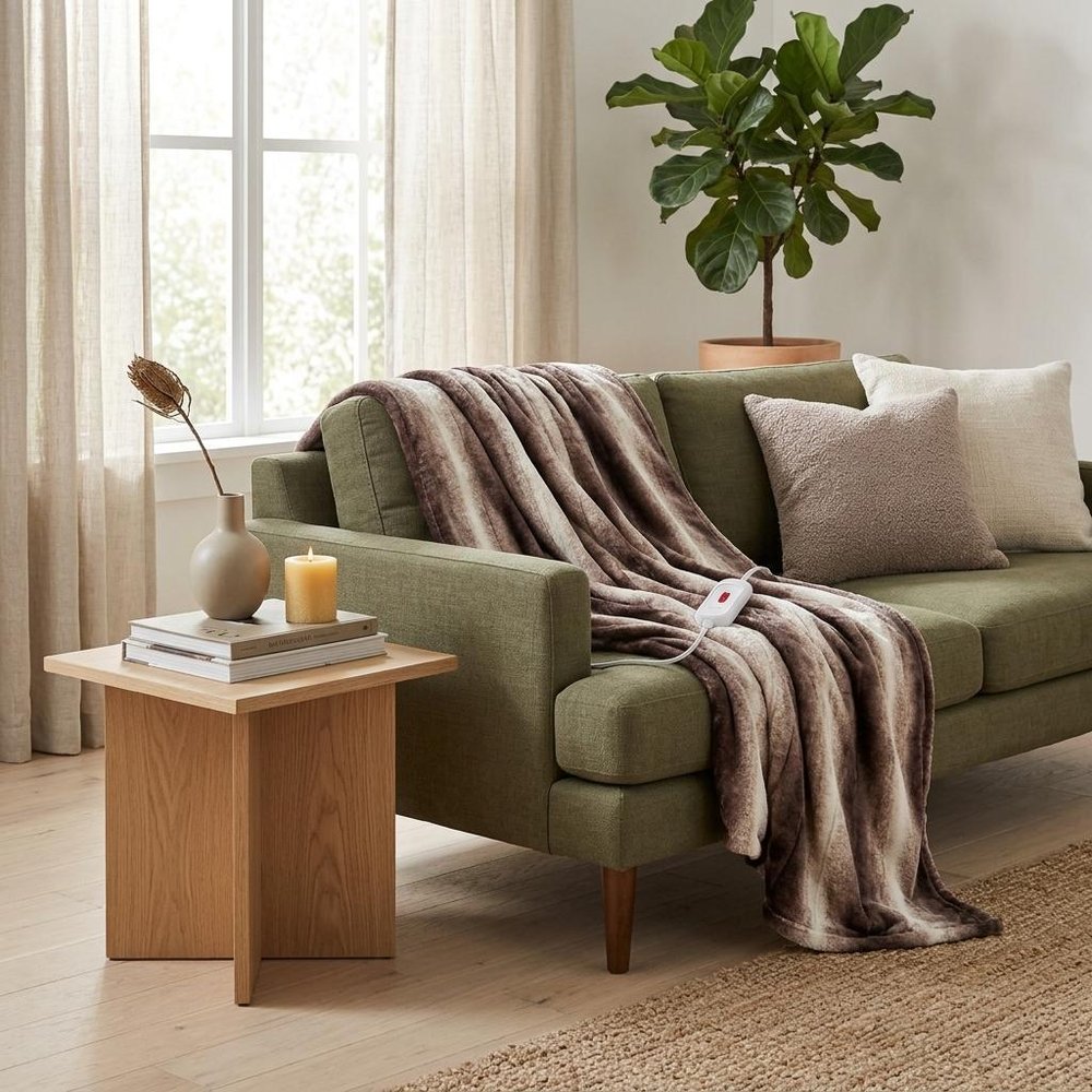 50" X 60" Brown And White Modern Contemporary Heated Throw Blankets