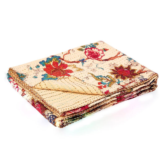 50" X 70" Green and Pink Kantha Cotton Abstract Throw Blanket with Embroidery