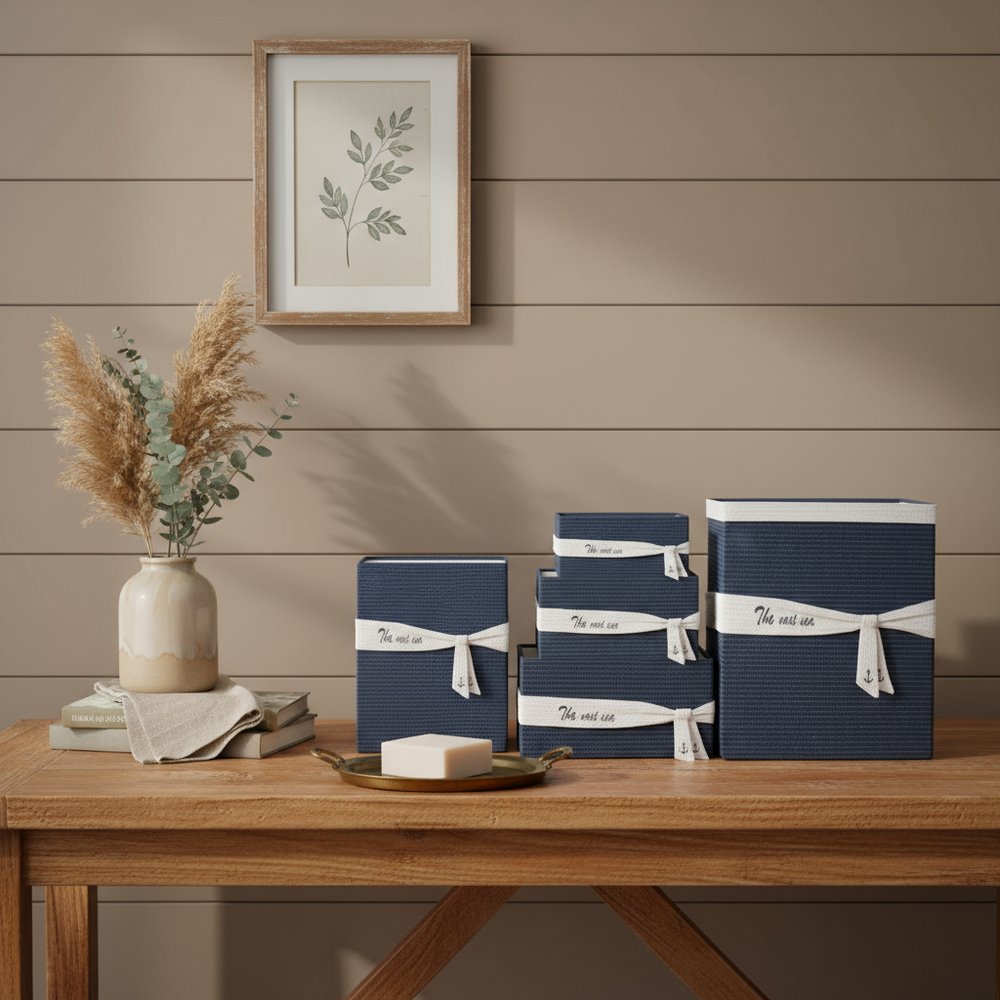 13.5" X 17" X 22.5" Blue Fabric Basket With Bow Decoration Set Of 5