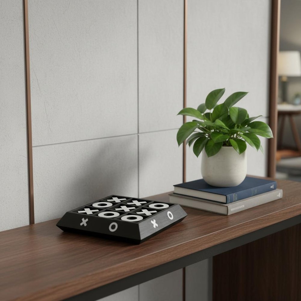 Nickel And Dark Wood Tic Tac Toe Game Sculpture