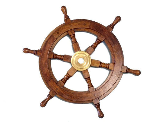 24" Brown Solid Wood And Brass Ships Wheel Hanging Dimensional Sculpture