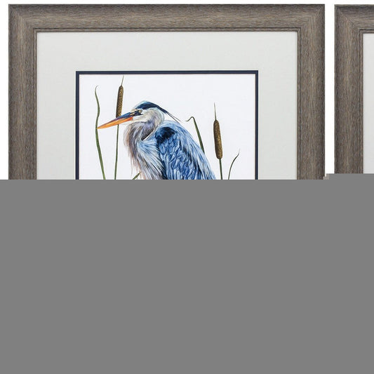 Set of Two 22" X 19" Blue Heron Distressed Brown Framed Wall Decor