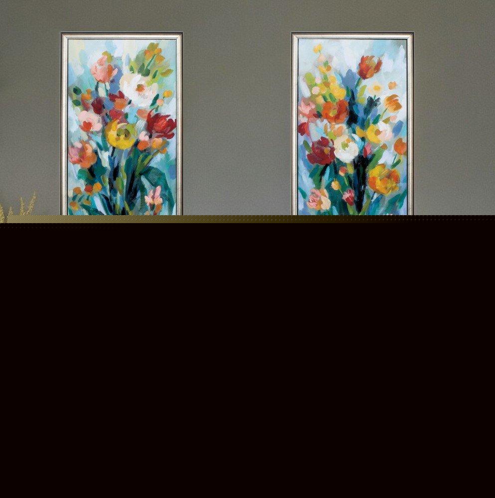 14" X 36" Silver Frame Tall Bright Flowers (Set Of 2)