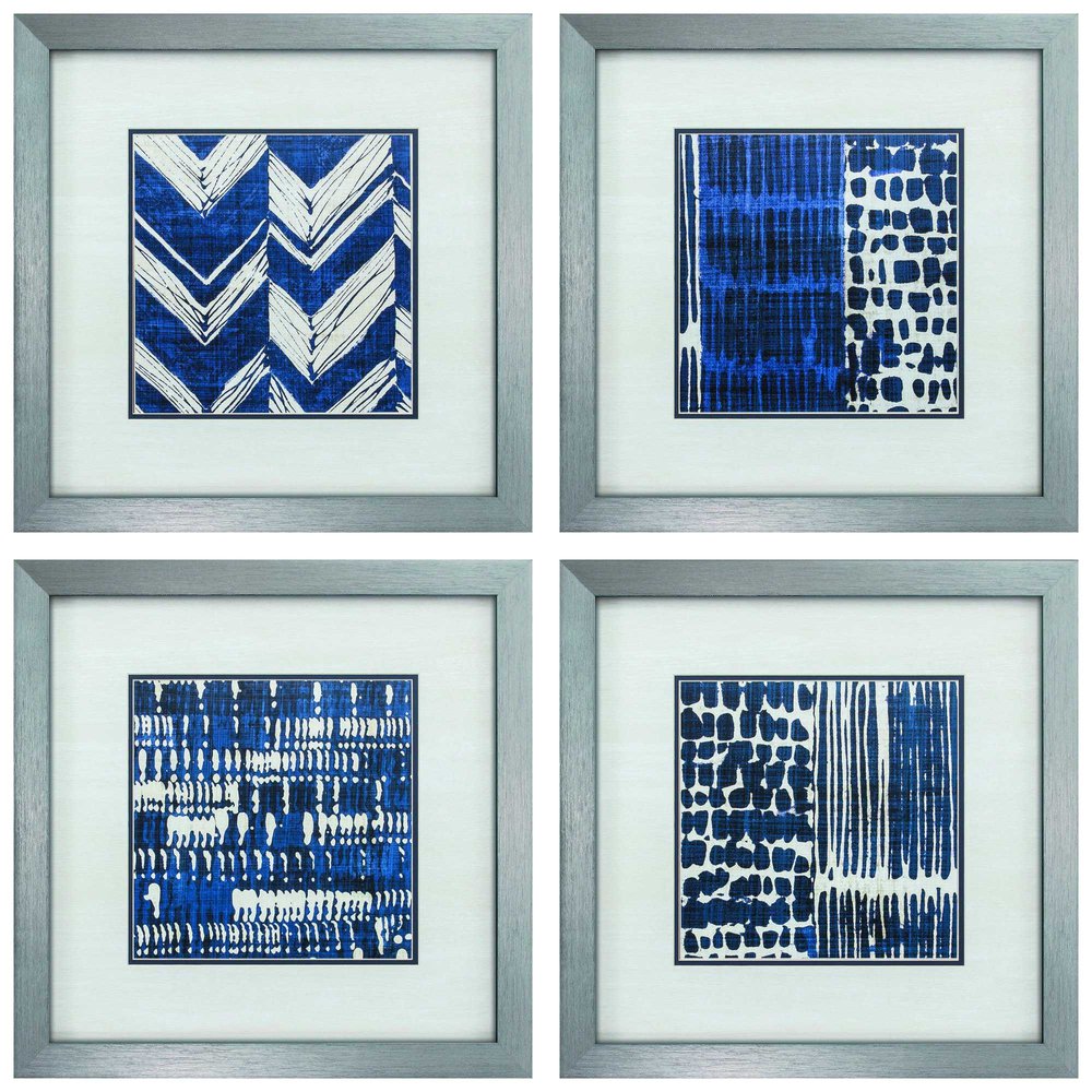 21" X 21" Silver Frame Indigo Batik Set Of 4