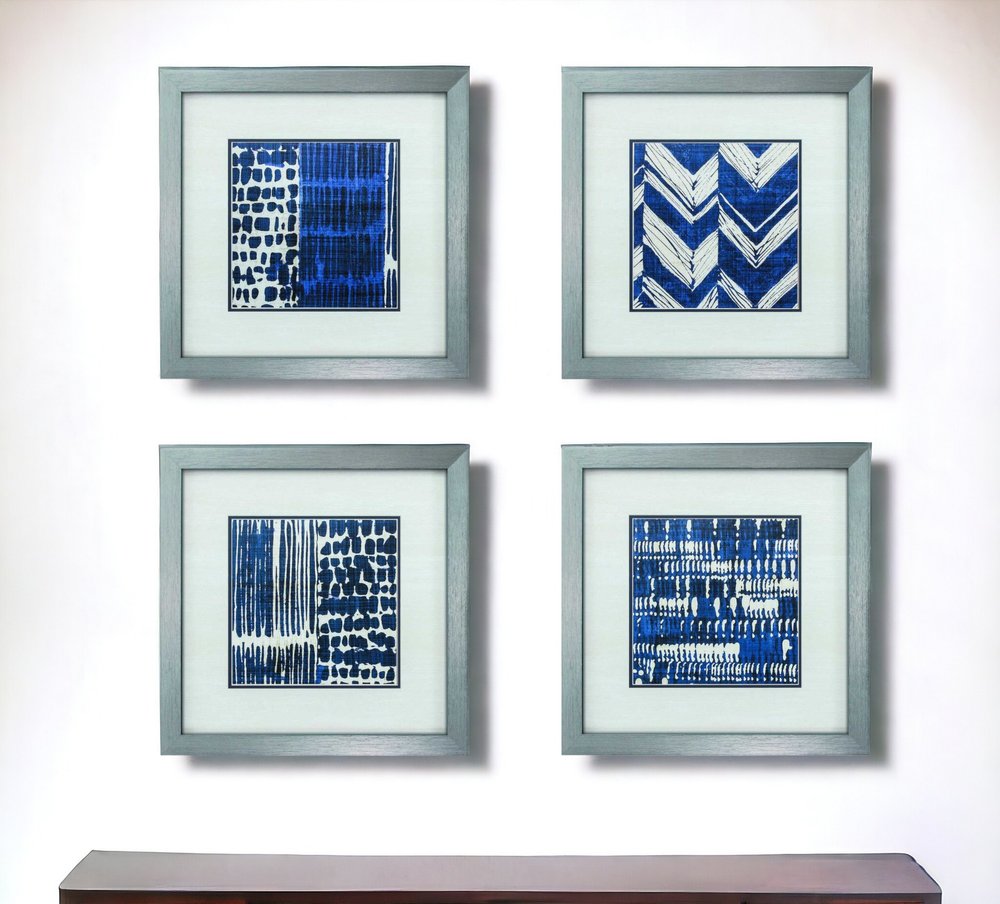 21" X 21" Silver Frame Indigo Batik Set Of 4