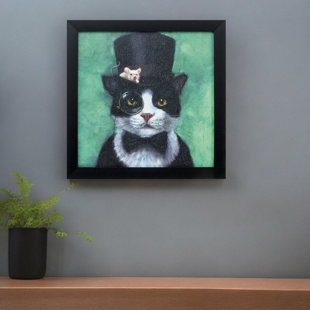 11" X 11" Black Frame Tuxedo Cat