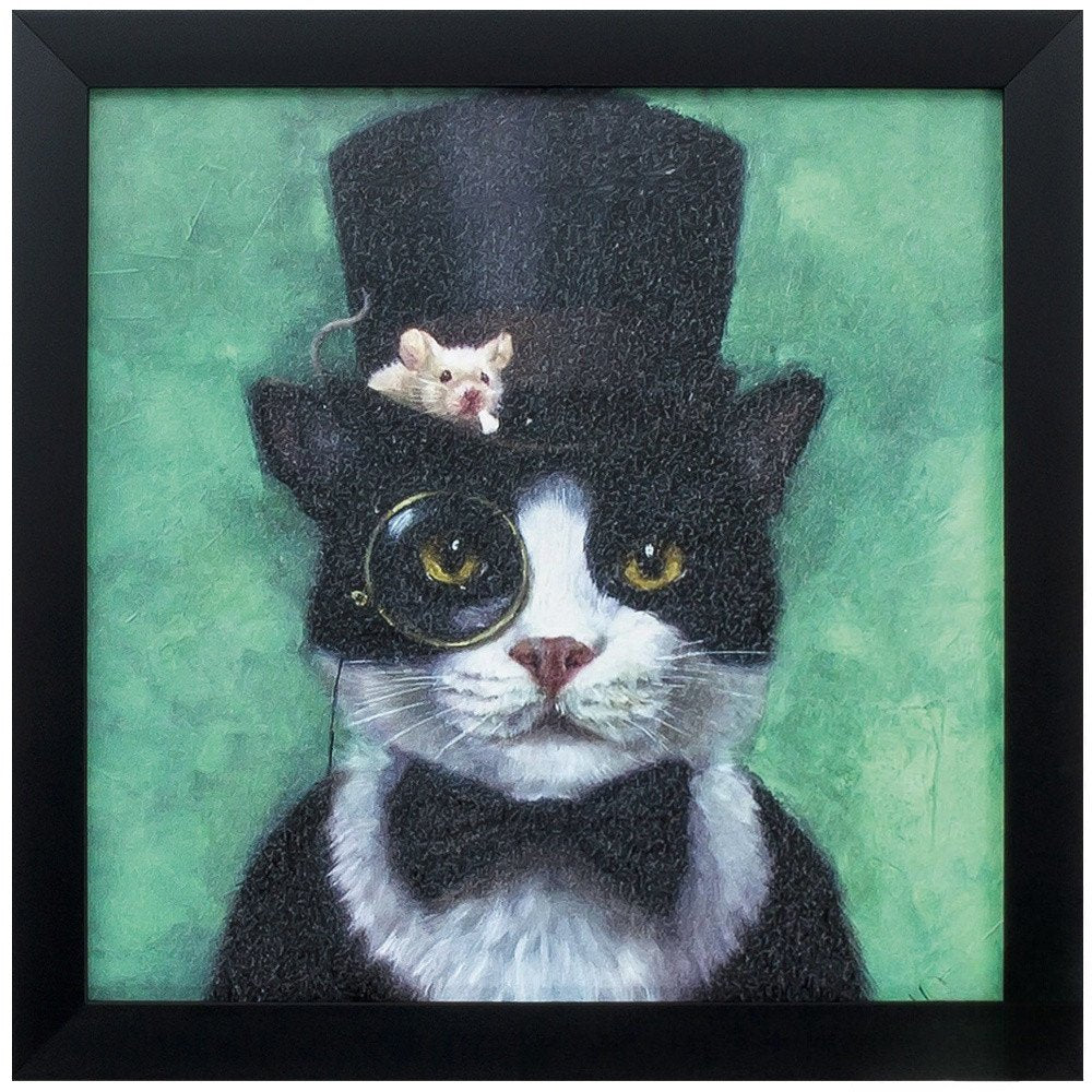 11" X 11" Black Frame Tuxedo Cat