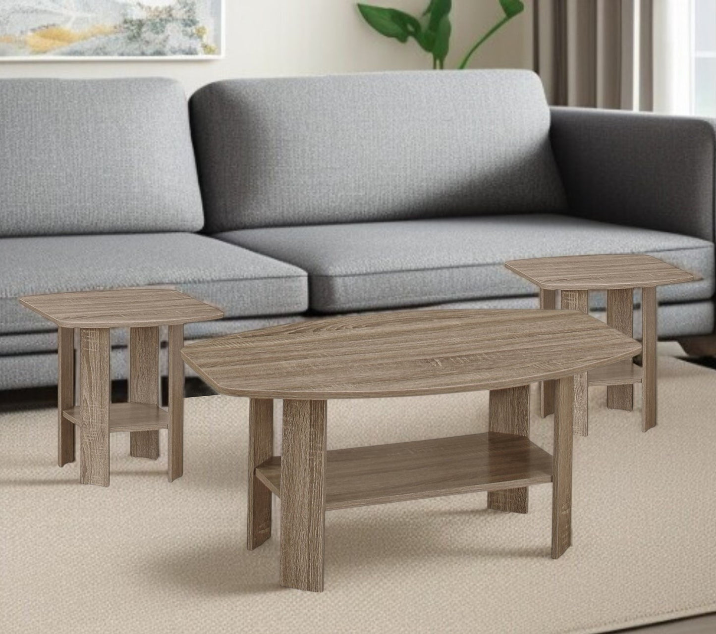 Set of Three 36" Taupe Coffee Table With Shelf