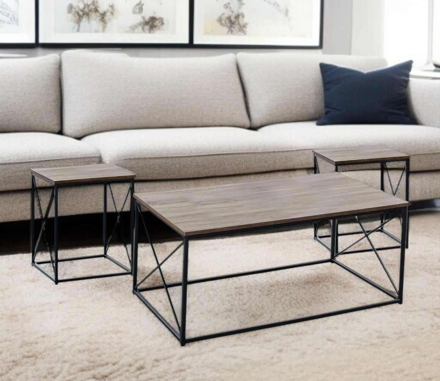 Set of Three 42" Beige And Black Metal Coffee Table