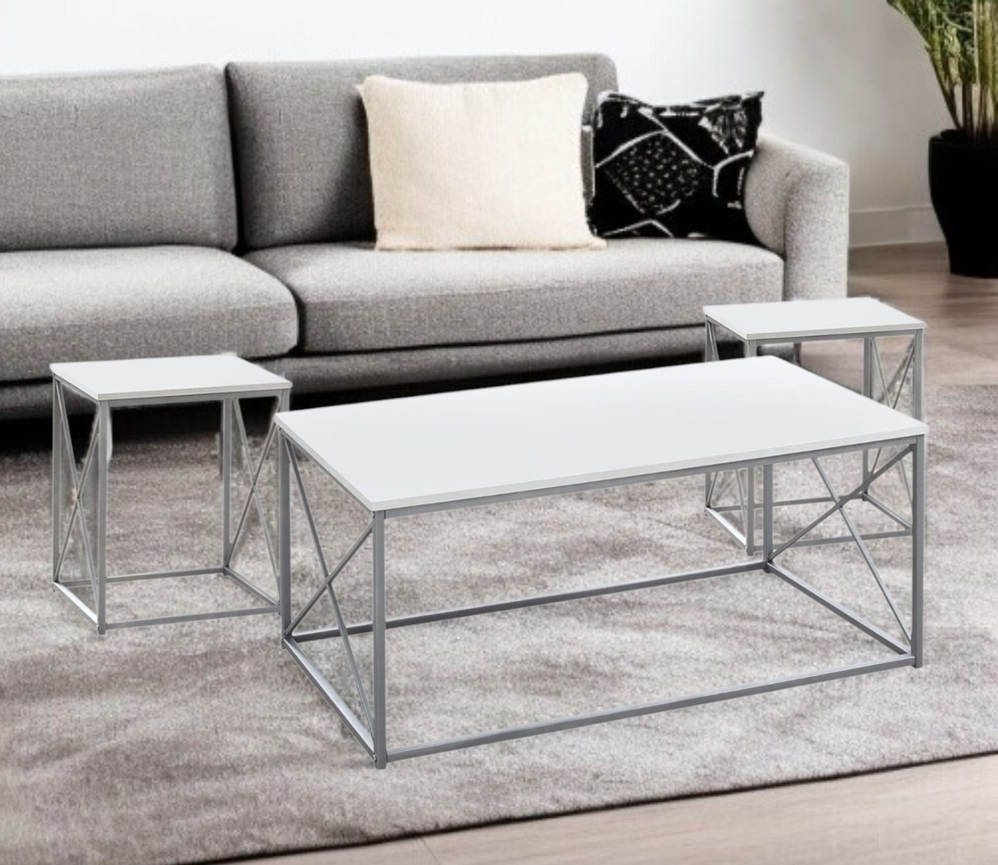 Set of Three 42" White And Silver Metal Coffee Table