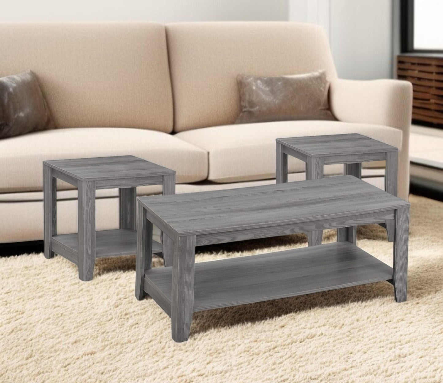 Set of Three 42" Gray Coffee Table With Shelf