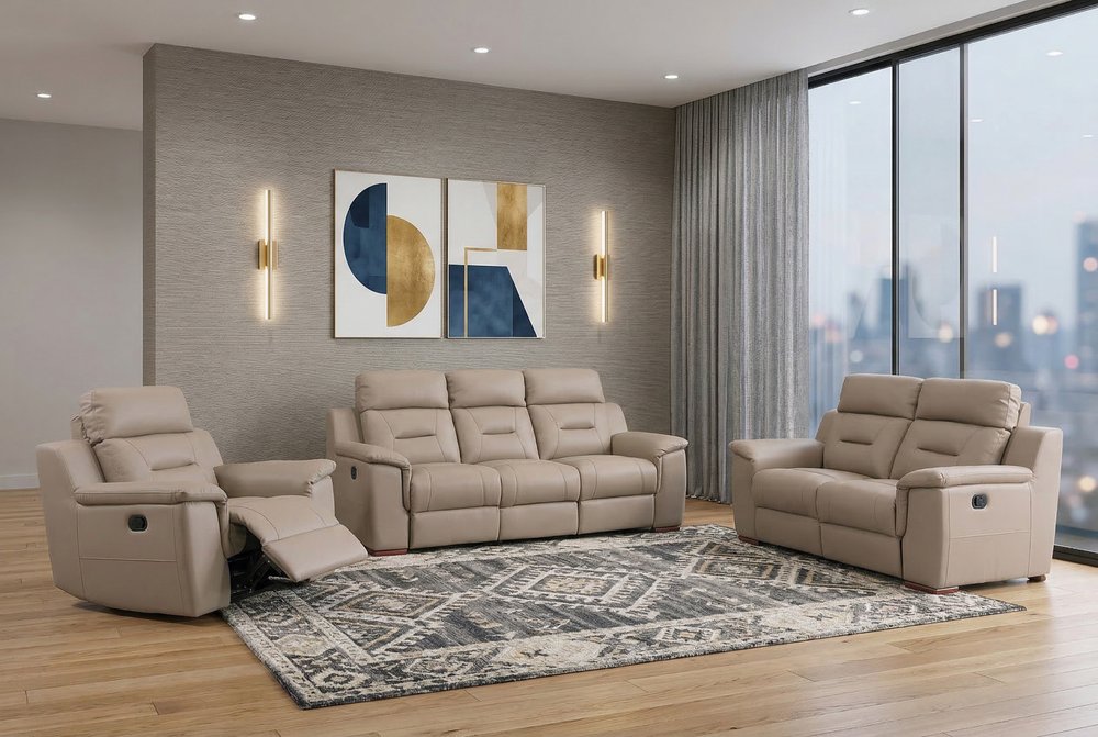 Three Piece Indoor Beige Genuine Leather Five Person Seating Set