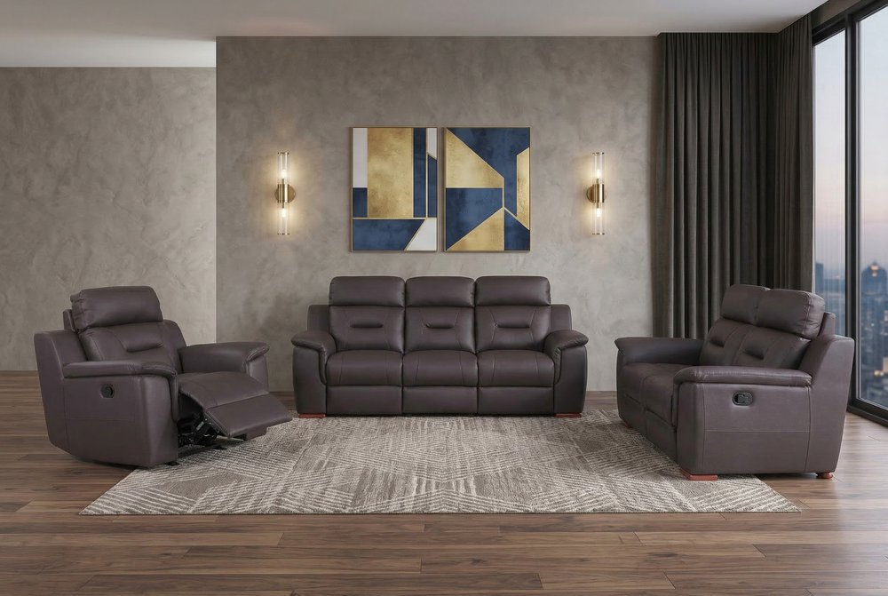 Three Piece Indoor Brown Genuine Leather Five Person Seating Set