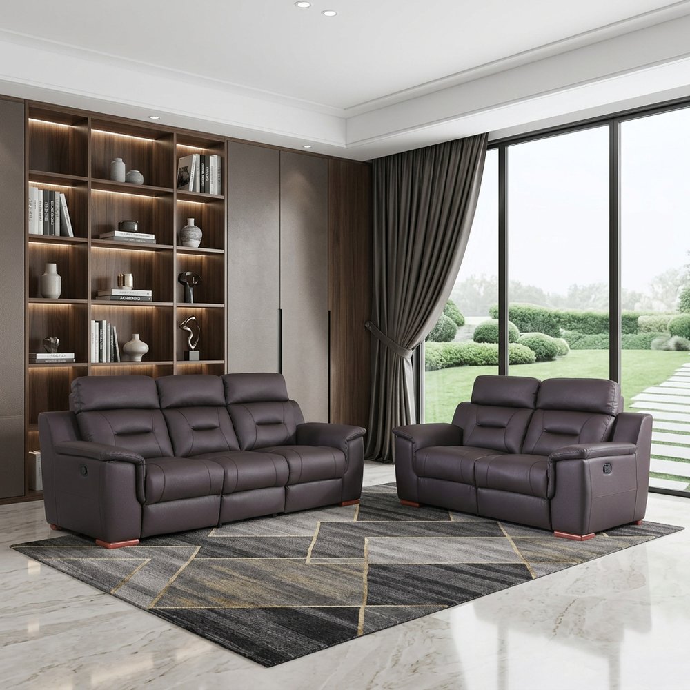 Two Piece Indoor Brown Genuine Leather Five Person Seating Set