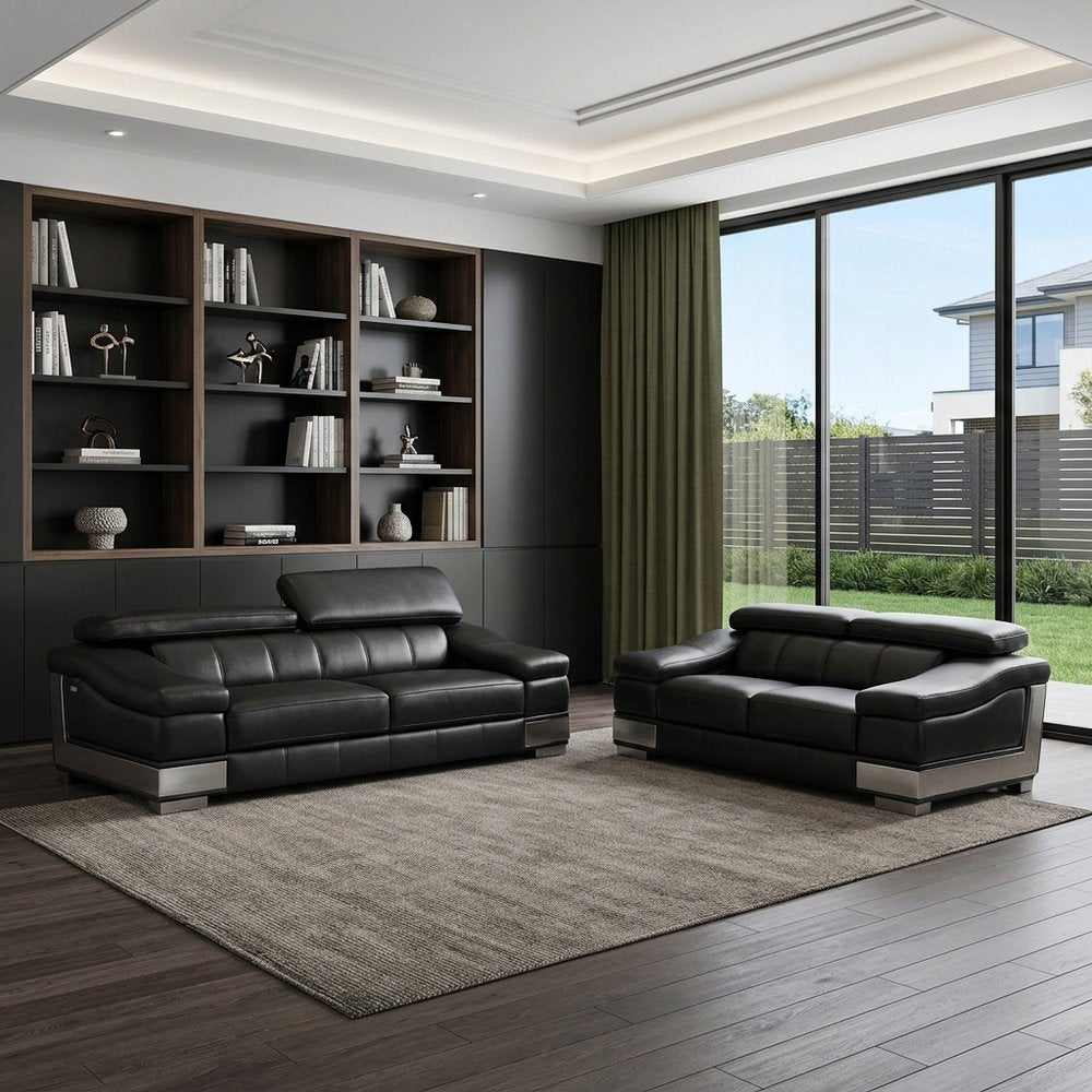 Two Piece Indoor Black Italian Leather Five Person Seating Set