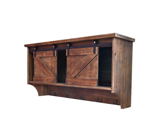 40" Brown Wood Five Hook Shelf With Barn Door Storage