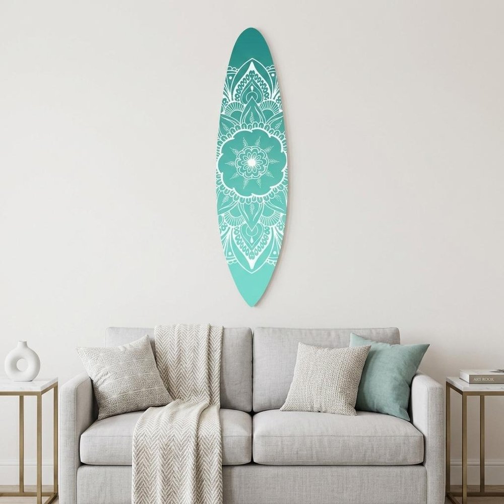 76" X 18" Blue and White Surfboard Floral Medallion Wood Wall Decor