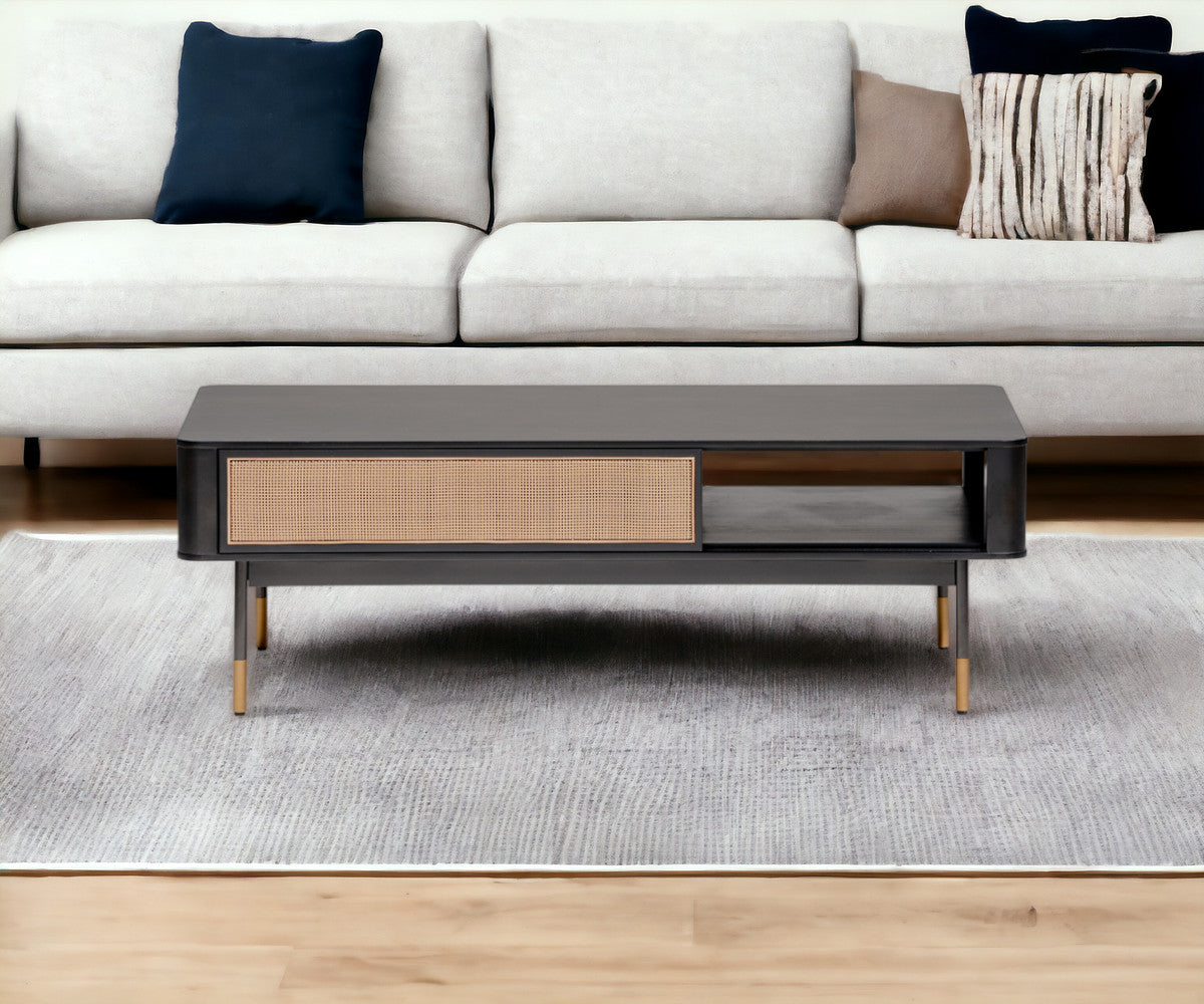 47" Black and Brown Solid Wood And Steel Coffee Table With Drawer And Shelf