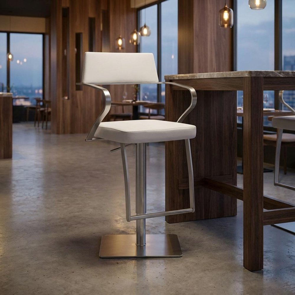 White And Silver Faux Leather And Steel Bar Chair