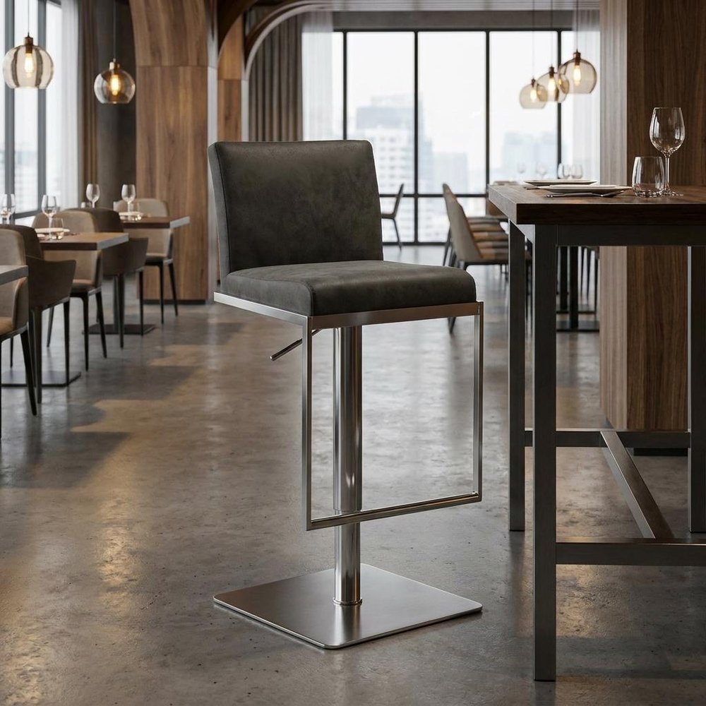 Gray And Silver Faux Leather And Steel Bar Chair