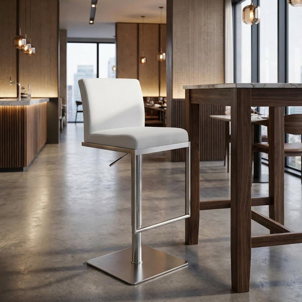 White And Silver Faux Leather And Steel Bar Chair