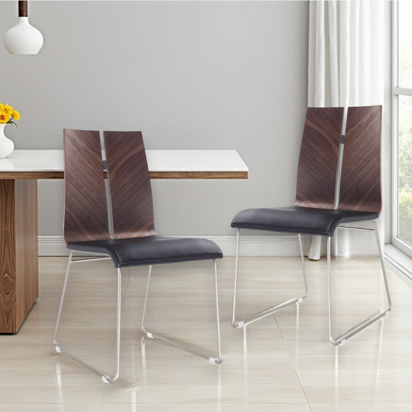 Set of Two Black and Silver Upholstered Faux Leather Dining Side Chairs