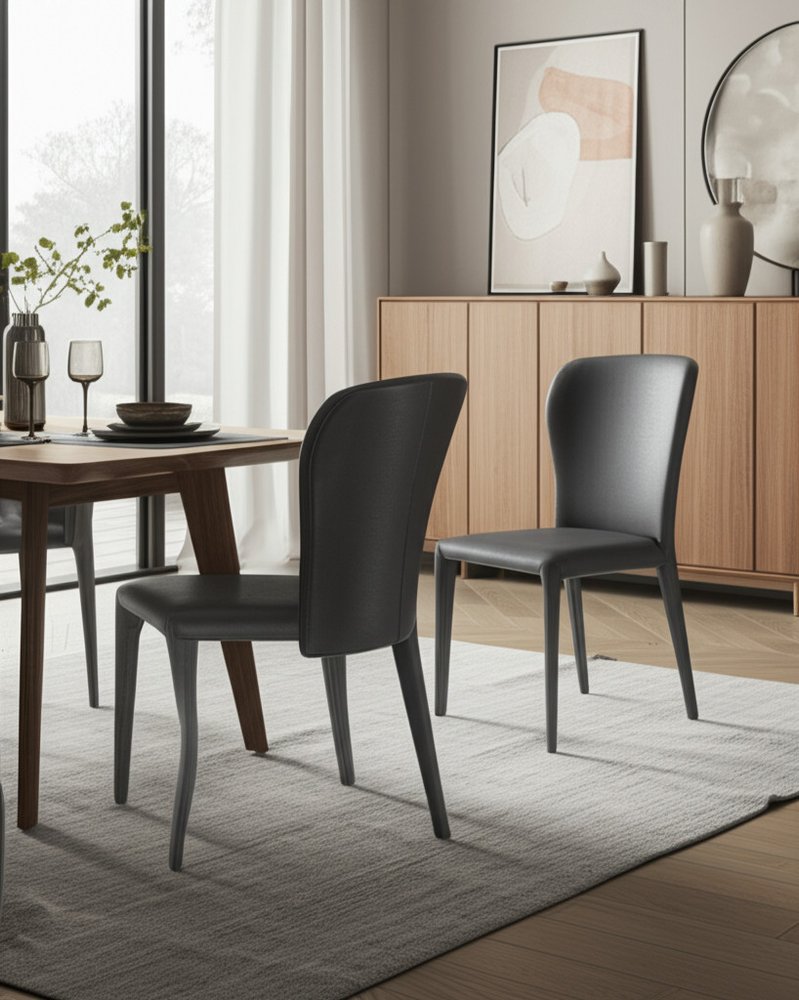 Set of Two Gray Upholstered Faux Leather Dining Side Chairs