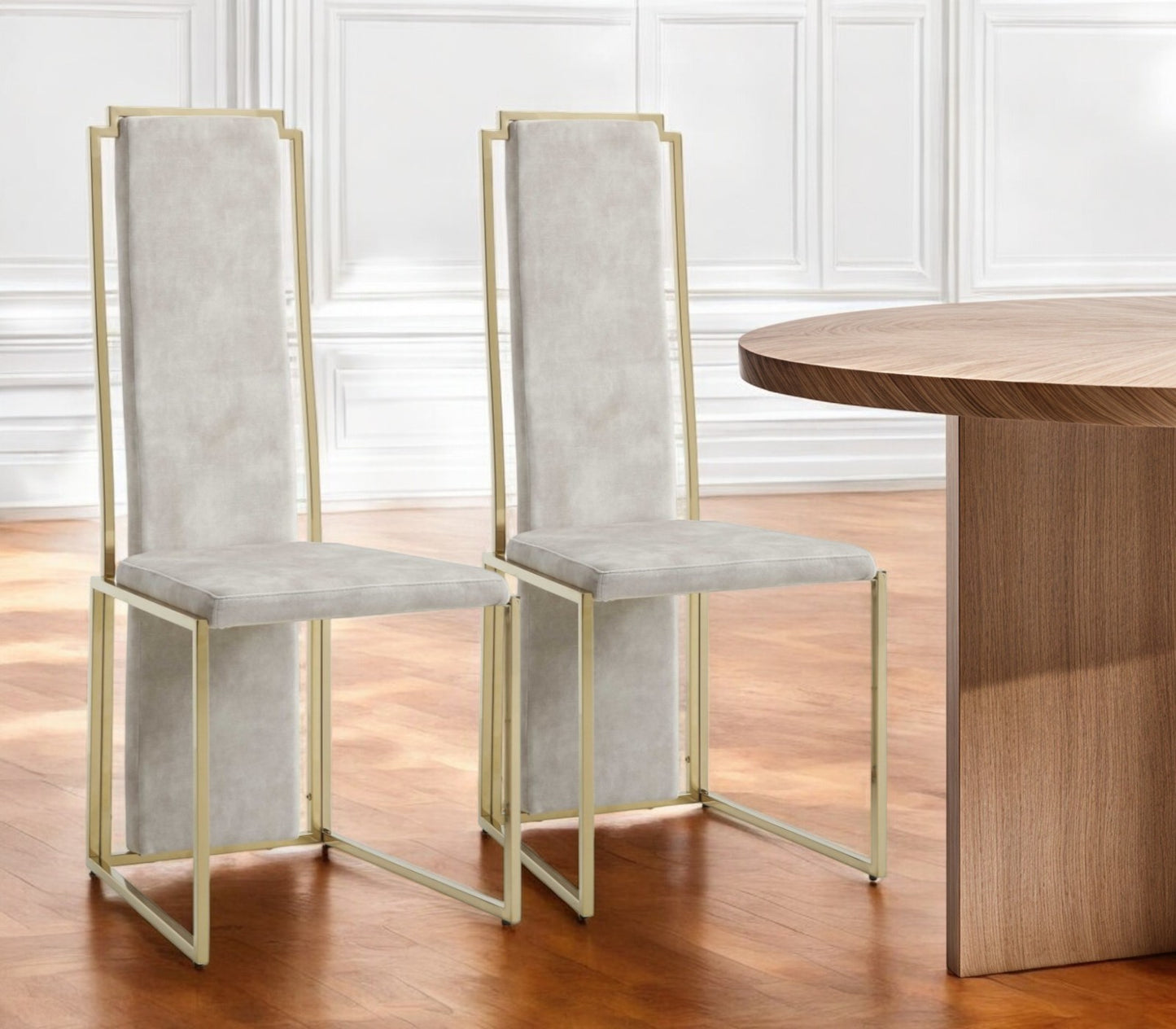 Set of Two Beige and Gold Upholstered Dining Side Chairs