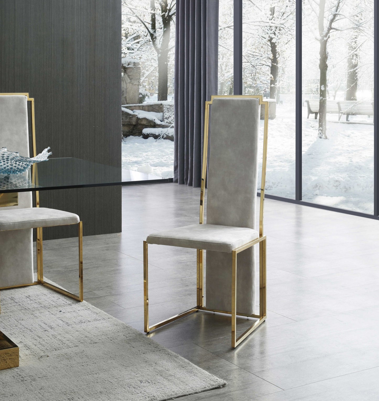 Set of Two Beige and Gold Upholstered Dining Side Chairs