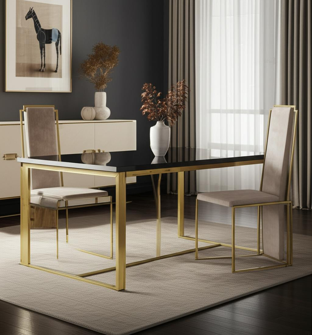 Set of Two Beige and Gold Upholstered Dining Side Chairs