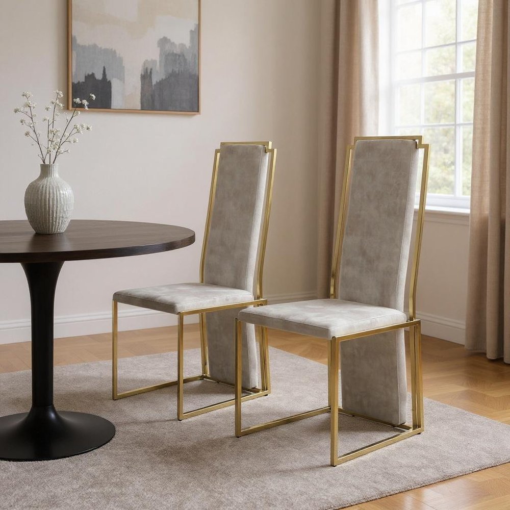 Set of Two Beige and Gold Upholstered Dining Side Chairs